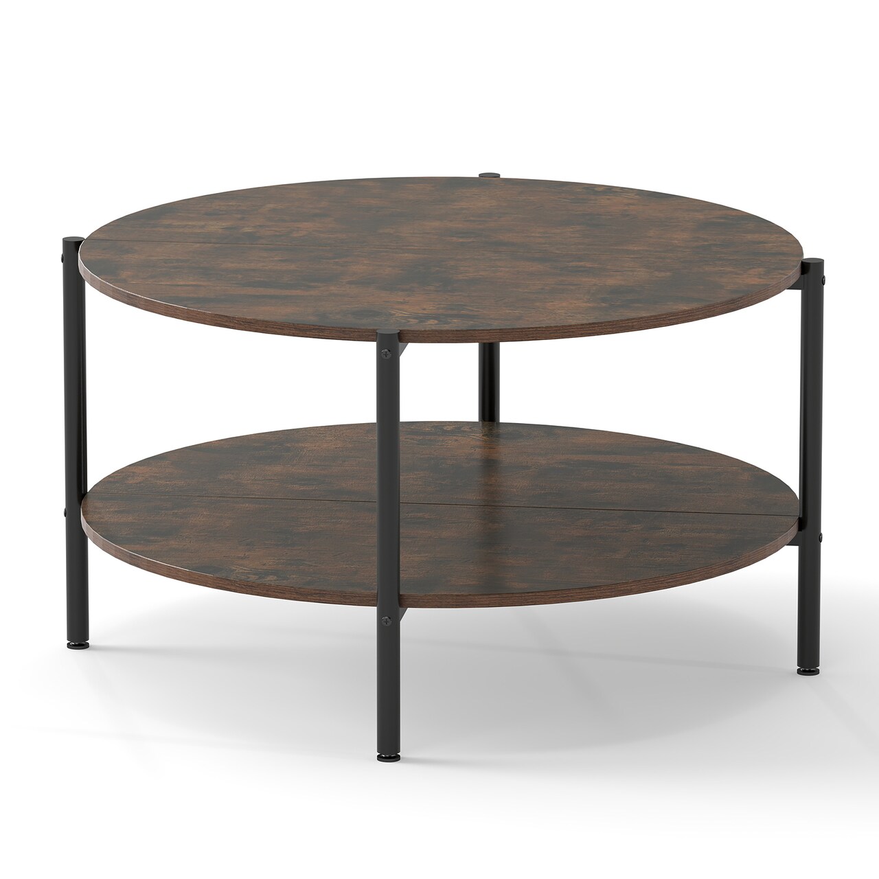 Rustic Brown Industrial Round Coffee Table 2-Tier Storage Accent Table